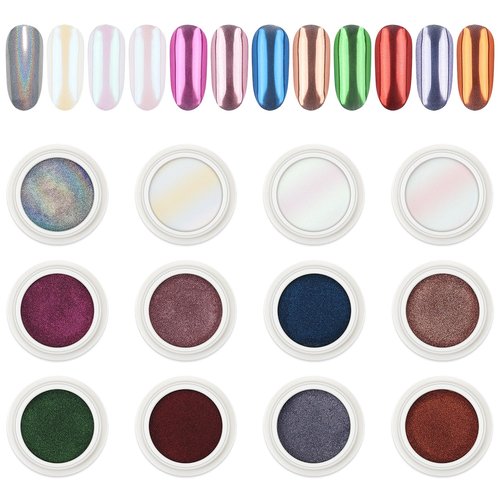 AIMEILI Pearl Chrome Nail Powder, Vegan, Cruelty Free, 12 Colors Aurora Metallic Holographic Mirror Effect Nail Art Pigment Iridescent Shell Glitter Nail Art