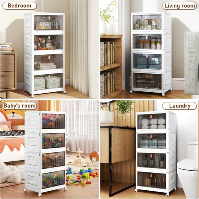 Skiennix 4-Tier Storage Bins - Stackable Closet Organizers with Lids & Wheels | 23QT, White