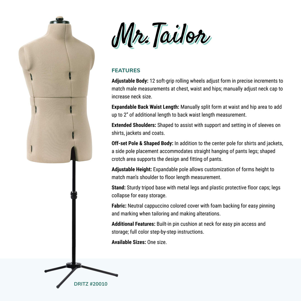 Dritz Mr. Tailor Adjustable Dress Form - Men Size US M-XL - Male Clothing Mannequin for Sewing, Fitting, and Draping - Pinnable Sewing Mannequin with 13 Dials for Fitting