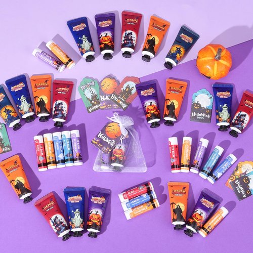 50 Pack Halloween Hand Cream and Lip Balm Set, Bulk Halloween Gifts with Halloween Cards and Organza Bag, Halloween Decorations and Halloween Party Favors Goodies for Women