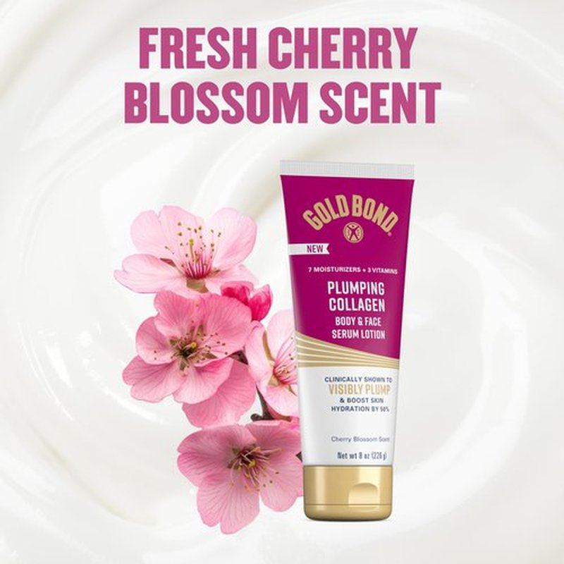 Gold Bond Plumping Collagen Body and Face Serum Lotion, Lightweight Hydrating Moisturizer with Collagen Peptide Complex, Jojoba and Grapeseed Oils to Visibly Plump Skin, Cherry Blossom Scent, 8 oz