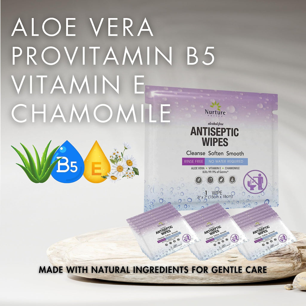 XL Individually Wrapped Nurture Antibacterial Body & Hand Wipes | Alcohol-Free Antiseptic Wet Disinfecting Towelettes for Germ Removal, Sanitizing Hands |Cleaning Cloths| Adults & Baby| Thick & Strong