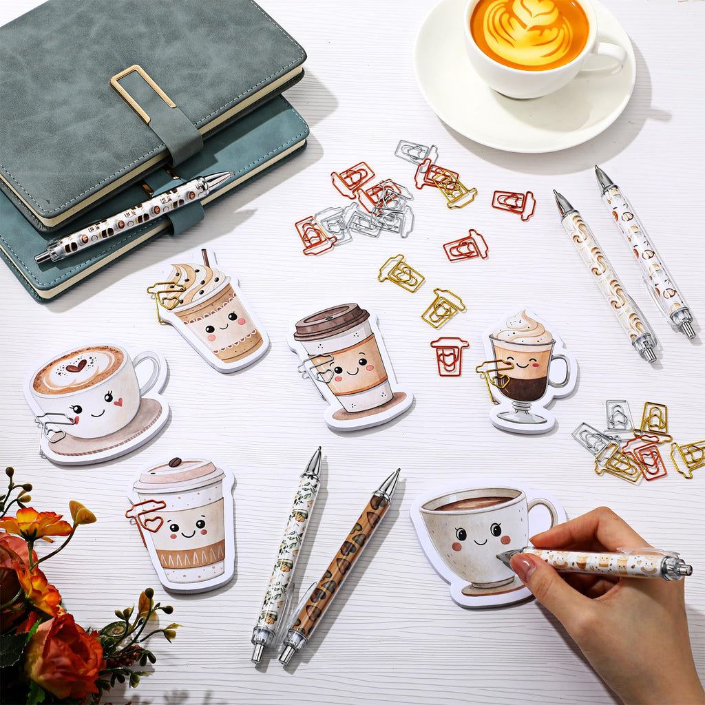 Gilprop 54 Pcs Coffee Theme Gifts 6 Pads Sticky Notes Memo Note 12 Cute Ballpoint Pens 36 Coffee Cup Shaped Paper Clips Bookmarks for Office Supplies Party Favor Coworker Employee Staff Team Gifts