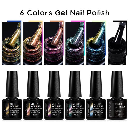 MEET ACROSS 9D Cat Eye Gel Nail Polish Set 9Pcs Cateye Magnetic Nail Polish Gel with Base Top Coat and Magnet Stick, Cat Eye Gel Polish Galaxy Rainbow Effect Manicure DIY Nail Art