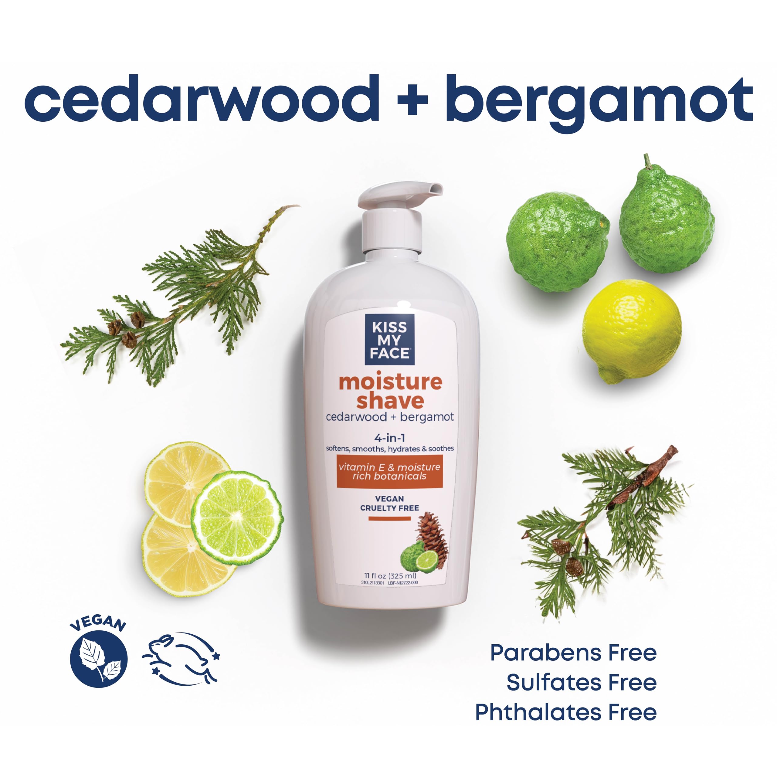Kiss My Face Cedarwood + Bergamot Moisture Shave - 4 In 1 Shaving Cream - Cruelty Free and Vegan - With added Olive Oil and Aloe Leaf Extract - Vitamin E Rich - 11 fl oz Pump Bottle (Pack of 2)