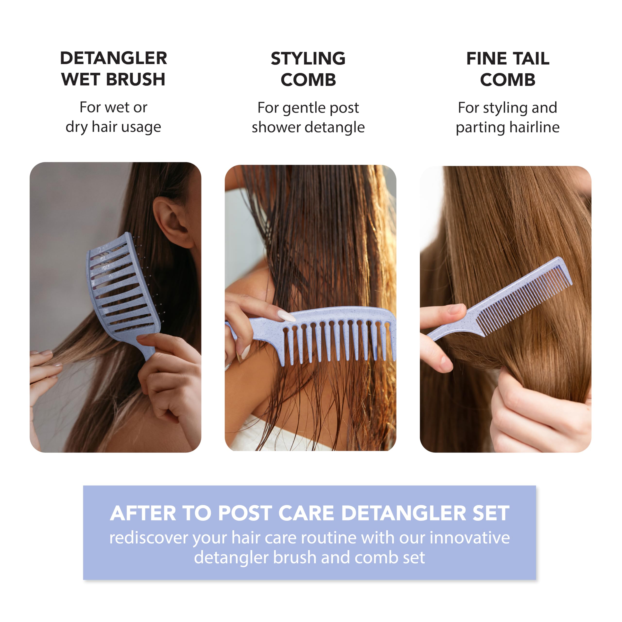 TADA Natural Beauty Set Hair Brush Detangler for All Hair Type Curly, Thick, Wavy, and Thin Hair - Hair Brush Set for Women, Men, Kids (3PK Blue)