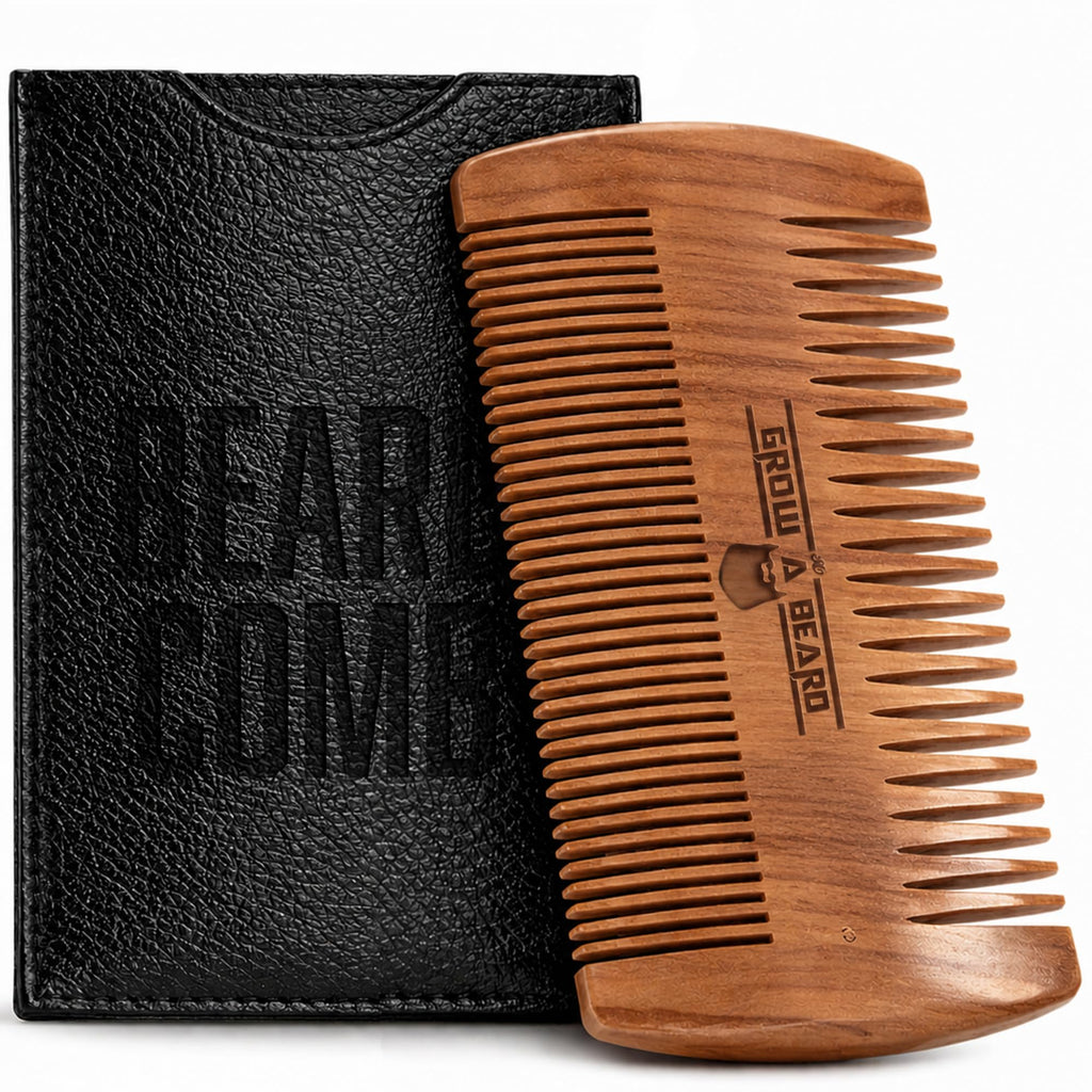 Wooden Beard Comb for Men & Case, Great Mustache Comb for Men, Dual Action Beard & Mustache Comb With Fine & Coarse Teeth, Mens Pocket Wood Comb, Peine Para Barba de Hombre (Premium Comb + Case)