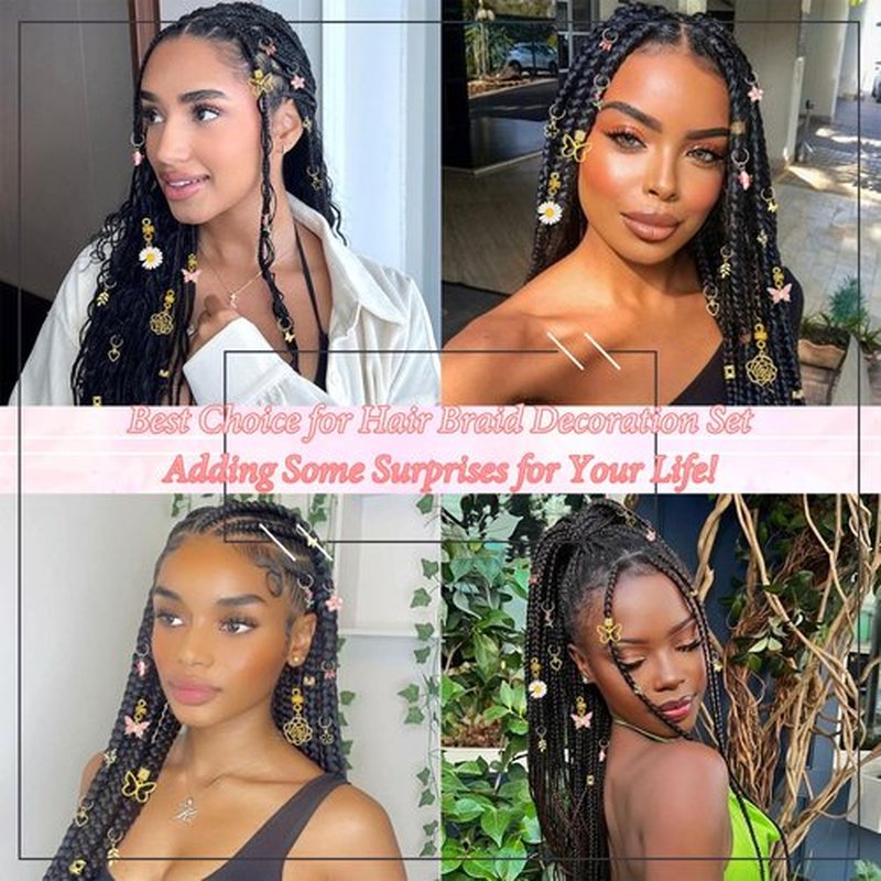 NAISKA 146PCS Gold Hair Jewelry with Butterfly Flower Charms, Metal Alloy Hair Coils, Rings, Cuffs and Decorations for Locs, Dreadlocks and Braids - Handmade Accessories for Women and Girls