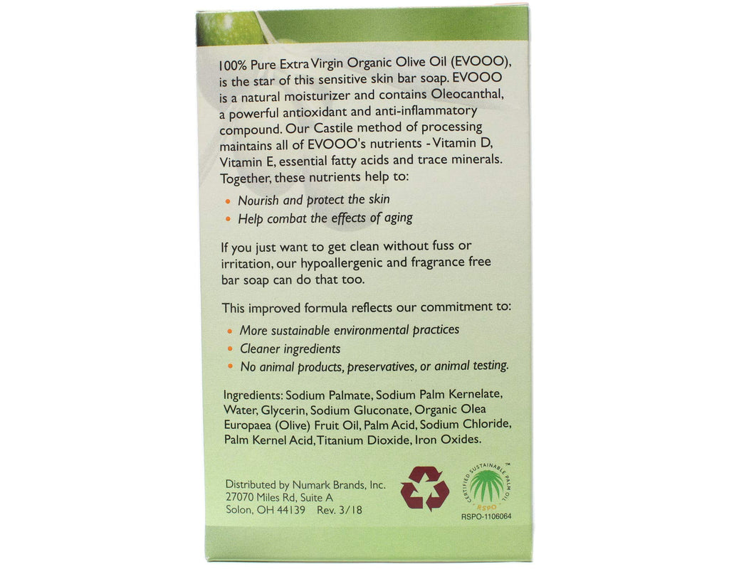Conti Castile Pure Organic Olive Oil Sensitive Skin Bar Soap, Paraben Free, Fragrance Free, 3.5 oz