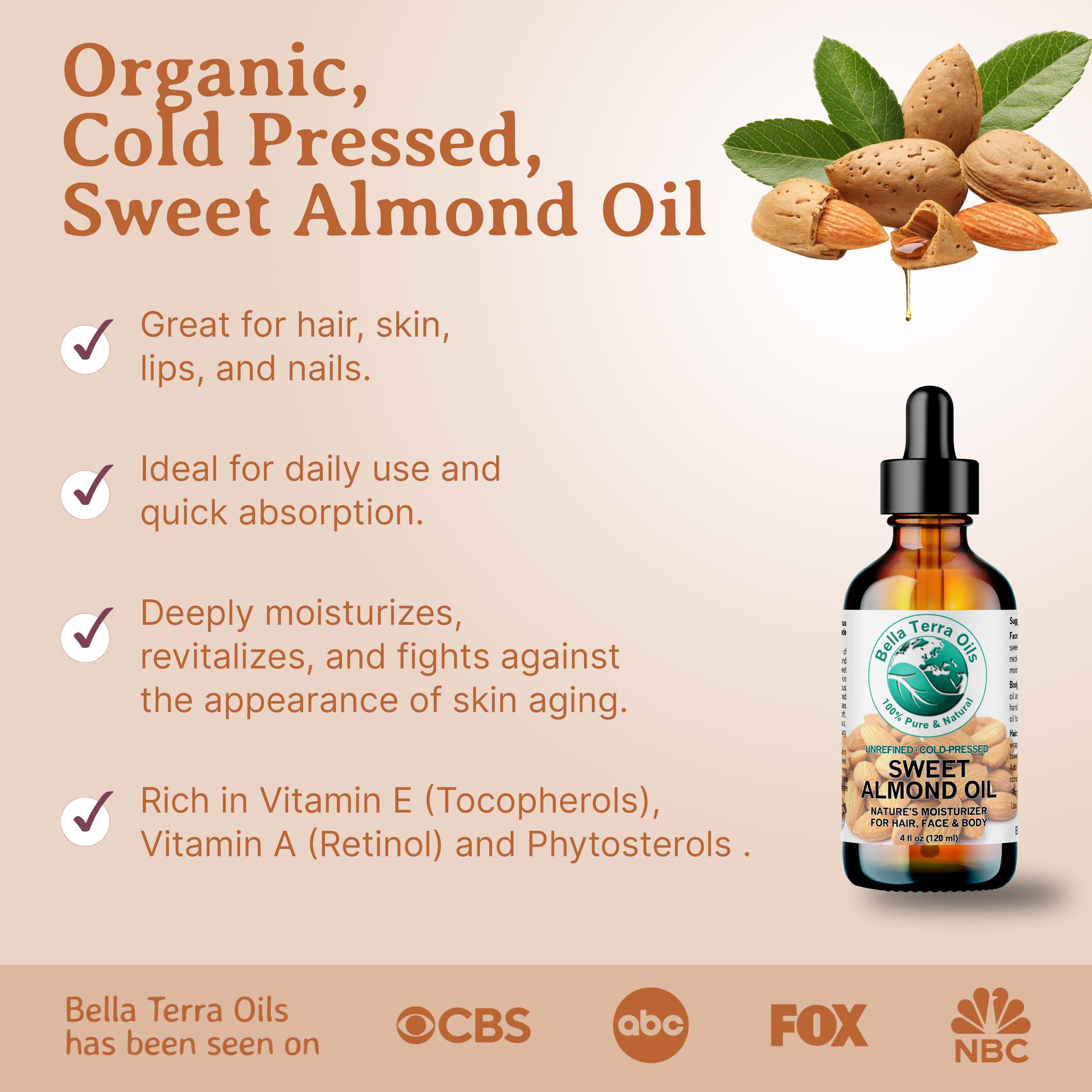 Natural Sweet Almond Oil – 1 Gallon, Deep Hydration, Nourishing, Light & Absorbent, Rich in Vitamins, Non-Greasy. Bella Terra Oils