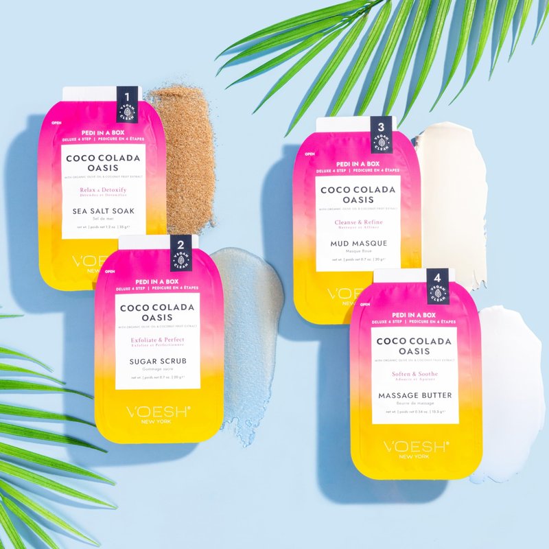 VOESH Coco Colada Duo- Pedi In A Box 4 Step, Vegan Crème Lotion, Nail Stickers,4 Step Pedi, At Home Pedicure Treatment, Pedicure Kit, Vegan Beauty