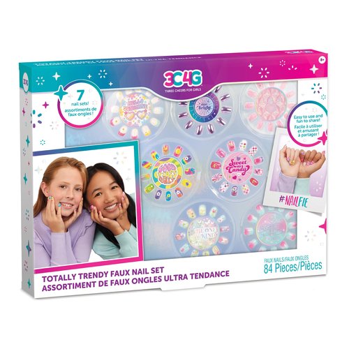 3C4G: Totally Trendy Faux Nail Set - 7 Nail Sets Each w/Unique Colors & Patterns, Adhesive Backs, Three Cheers for Girls, Girls & Tweens Ages 8+