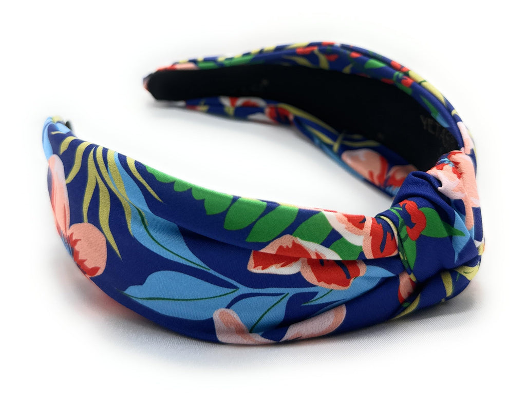 YETASI Navy Blue Floral Knotted Headband for Women Warable All Day Made of Silk Quality Flower Satin Fabric, Unique and Classy. Girls Headbands, Fashion Designer Top Knot Head band
