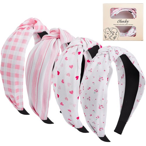 obeoby Pink Knotted Headbands, Trendy Heart Stripes Headbands for Girls Non-Slip Hair Bands for Women’s Hair (4Pack)