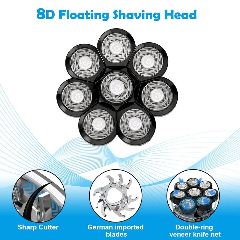 8D Electric Shaver Replacement Heads - Universal Stainless Steel Rotary Blades for Bald Head Razor | 8 Black Blades