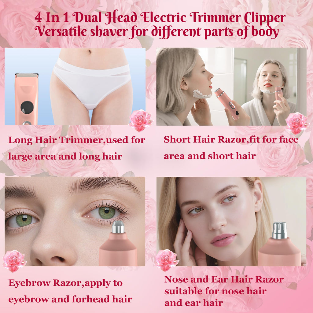 Bikini Trimmer for Women,4 in 1 Electric Razors for Women with Ceramic Blades,Waterproof Pubic Hair and Face Har Trimmer,Replacement Noise Hair and Eyebrow Shaver,Grooming Kit for Travel