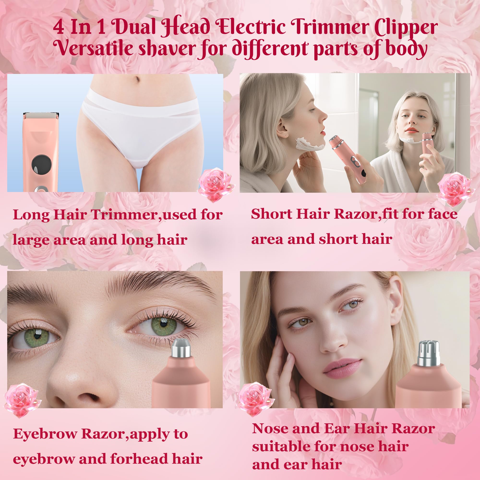 Bikini Trimmer for Women,4 in 1 Electric Razors for Women with Ceramic Blades,Waterproof Pubic Hair and Face Har Trimmer,Replacement Noise Hair and Eyebrow Shaver,Grooming Kit for Travel