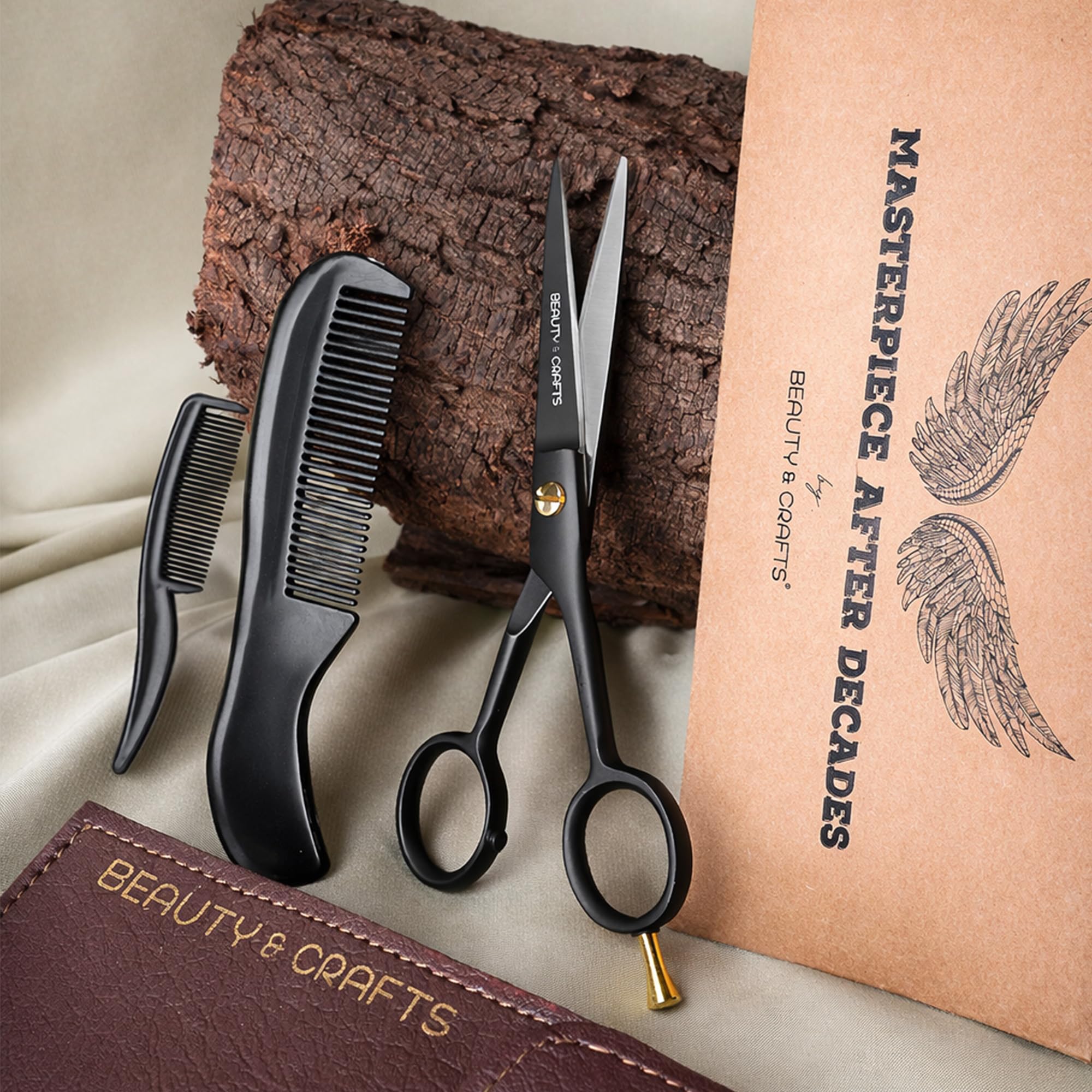 Beauty & Crafts- 5’’ German Beard Mustache Scissor with 2 Comb and Carrying Pouch-Premium Hair Trimming Kit for Men's Facial Hair -Perfect Shears for Personal Grooming, Cutting & Styling (Silver)