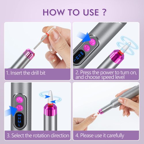 Nail Drill, Cordless Electric Nail Filer Professional E-File Nail Drill Kit for Acrylic, Gel Nails, Manicure Pedicure Polishing Shape Tools Design for Home Salon Use Gray