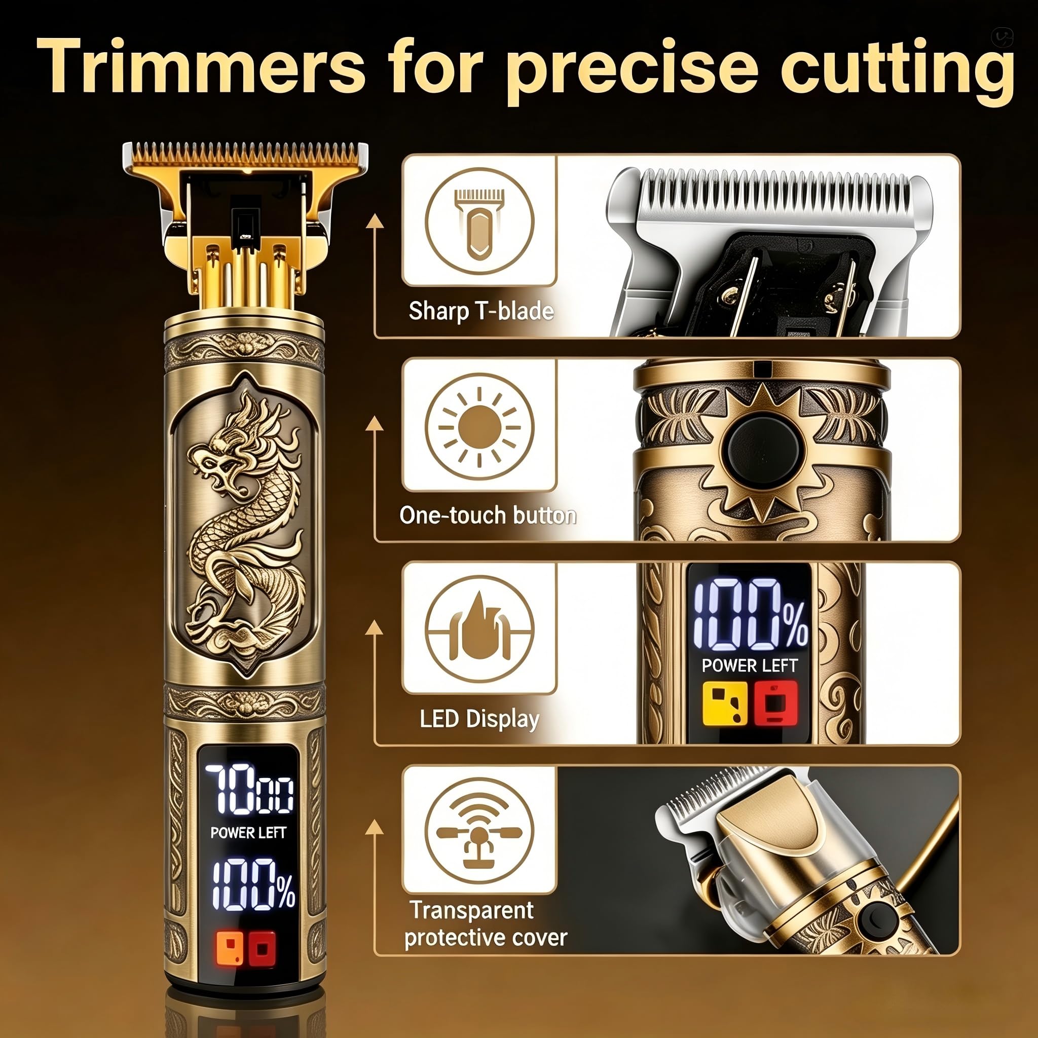 Hair Clippers for Men Professional, Beard Trimmer Kits & Sets, Cordless Mens Hair Trimmer, Electric Shavers, Haircutting Machine with LED Display (Bronze-3in1)