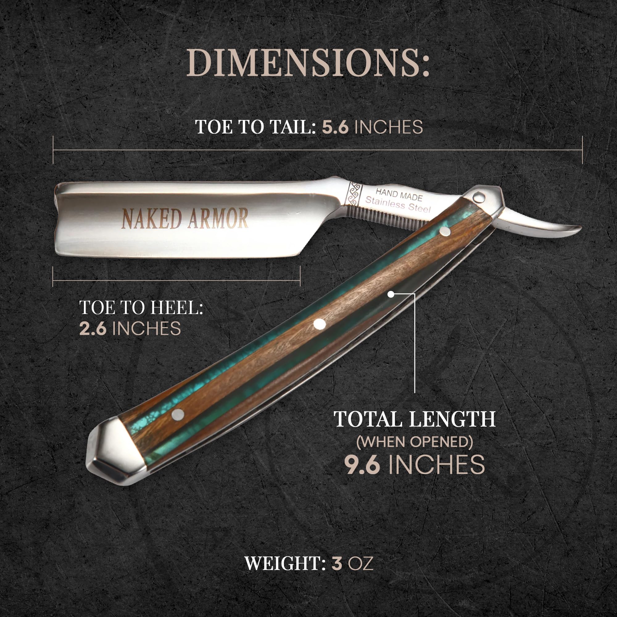Naked Armor Safir Straight Razor for Men — Shave Ready 7/8" Barber's Notch Japanese Stainless Steel Straight Edge Razor, Sandalwood Scale, Beard Shaping, Leather Case & Gift Box Included