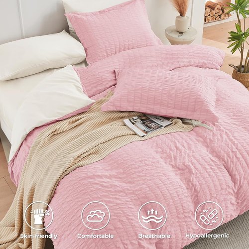 HYMOKEGE Full Size Comforter Set - Luxury Seersucker 7-Piece Bedding in Pink/Ivory for All Seasons