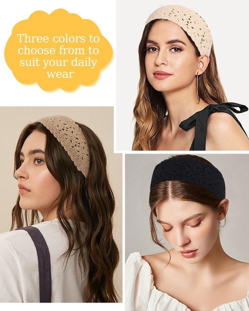 HAIMEIKANG Hippie Hair Bandana Headbands for Women Boho Headband Knit Hair Bands Floral Head Wrap for Women and Girls(Black+Beige+Coffee)