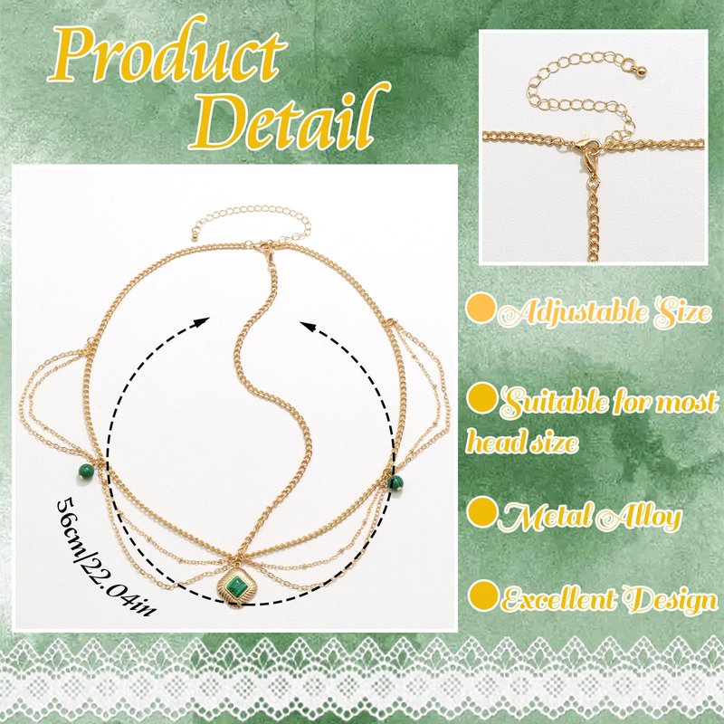VENOFEN Head Chain Gold Headpiece Imitation Emerald Beads Forehead Jewelry for Women Boho Style Multi-Layered Chain Head Jewelry Festival Hair Decoration Accessories