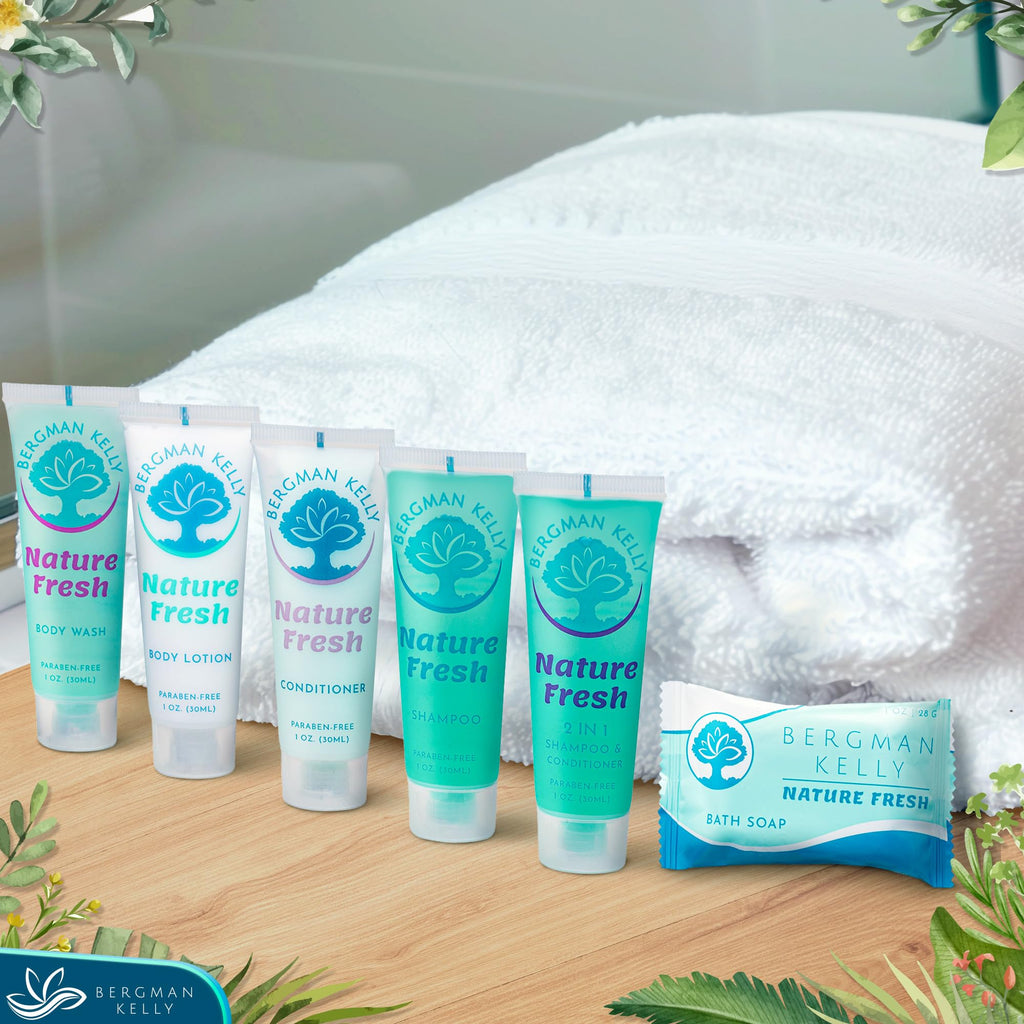 Bergman Kelly - Travel Size 2 in 1 Shampoo & Conditioner - 1 fl oz, 100 PK, Nature Fresh - Delight Your Guests w/Refreshing & Soothing Shampoo Amenities - Small Hotel Toiletries in Bulk
