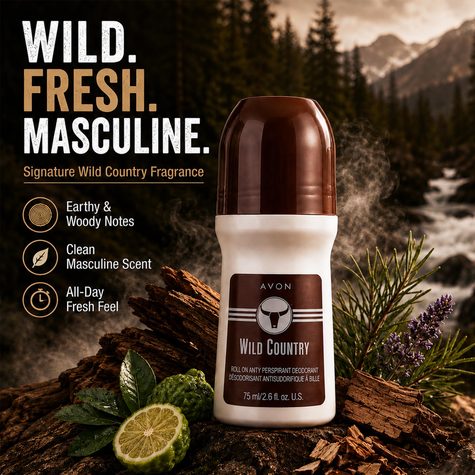 AVON Wild Country Roll-On Antiperspirant Deodorant - 2.6 oz - 4 pack