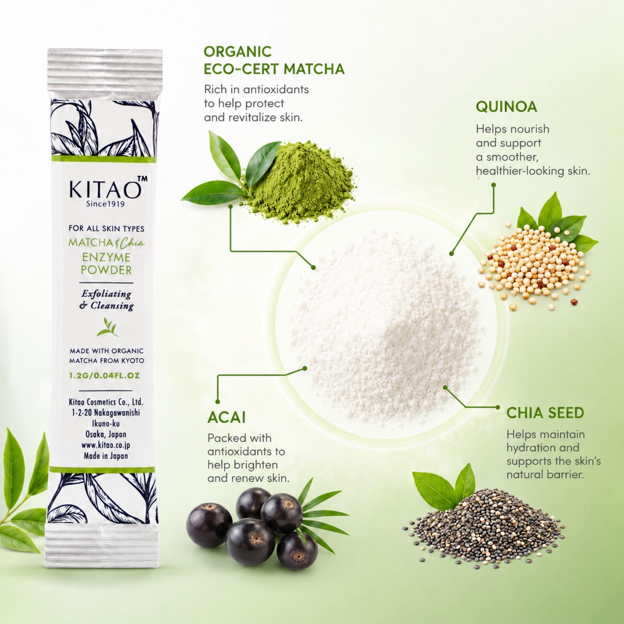KITAO Exfoliating Enzyme Powder Face Wash for Women 30 Count, Foam Face Wash Powder Travel Size with ECOCERT Certified Matcha, Chia, Quinoa Seed& Ceramides, Foaming Facial Cleanser for Men from Japan