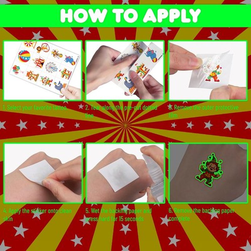 96 PCS Carnival Circus Clown Pre-Cut Luminous Glow in the dark Temporary Tattoos for Kids | Super Cute Themed Birthday Party Favors, Supplies, Decorations, Fake Tattoo Stickers Gifts for Boys Girls