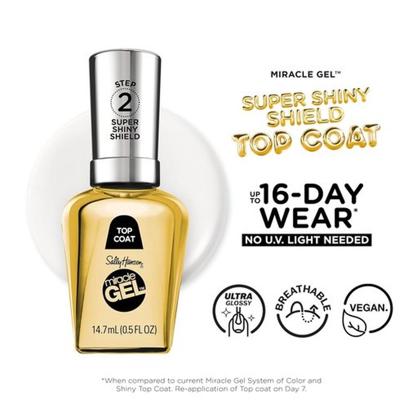 Sally Hansen Miracle Gel Nail Polish - Super Shiny Shield Top Coat | Long-Lasting, Gel-Like Finish, No UV Light Needed | Sheer Glossy