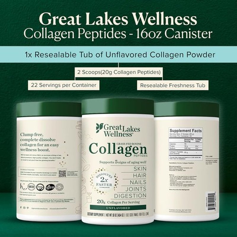 Great Lakes Wellness Collagen Peptides Powder - Hydrolyzed, Quick-Dissolve Formula for Skin, Hair & Joints - Non-GMO, Keto & Kosher (16 oz, 22 Servings)