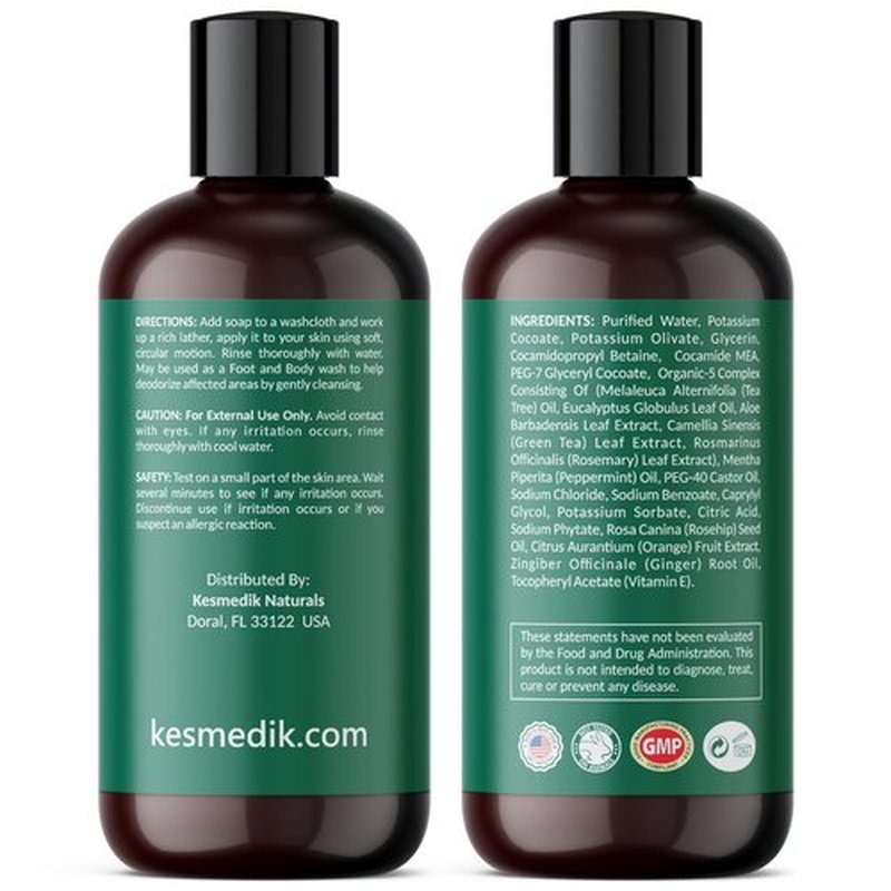 KESMEDIK Tea Tree Oil Soap Body Wash with Peppermint for Foot & Body, Antifungal & Antibacterial Support Cleanser, Helps Soothe Ringworm, Athlete’s Foot, Jock Itch, Acne & Body Odors