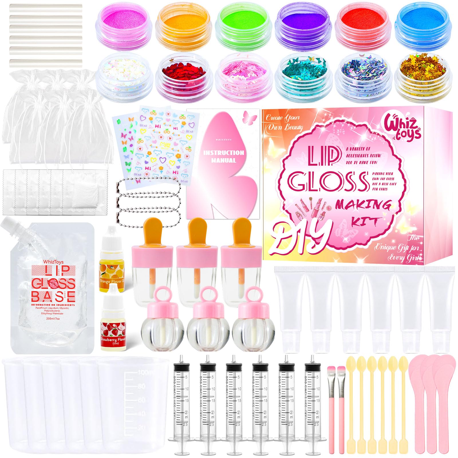 WhizToys 74PCS DIY Lip Gloss Making Kit，Make Your Own Lip Glosses Moisturizing DIY Lip Glaze Handmade Glittery Set for Teens Girls Women Makeup Lover Beginner Birthday Gift