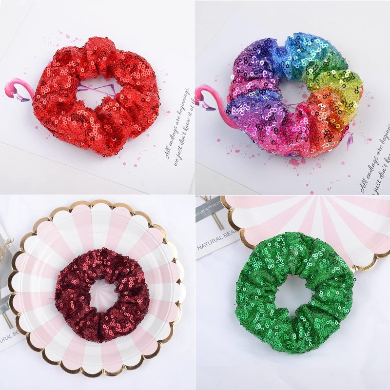 Yuese 12 Pieces Sparkly Sequins Hair Scrunchies Elastics Hair Bands Ponytail Holders Hair Wrist Ties Ropes Scrunchies for Show Gym Dance Party Club Girls Women Hair Accessories