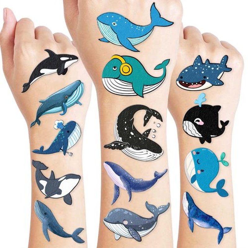 96PCS Whale Temporary Tattoos Themed Blue Ocean Cute Orca Narwhal Sea Animals Birthday Party Favors Decorations Supplies Tattoo Stickers Gifts For Boys Girls Kids School Prizes Carnival Christmas