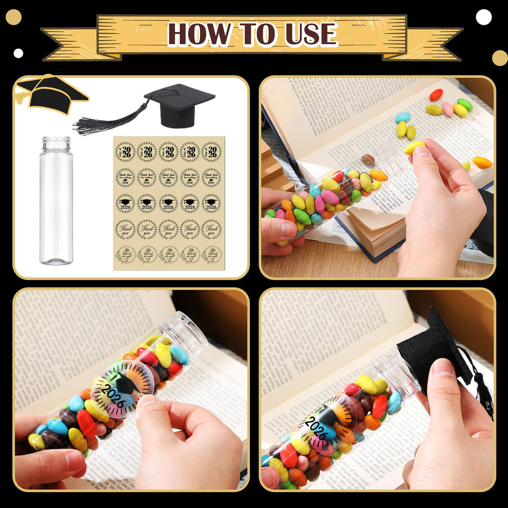 Teenyyou 25 Pcs Graduation Candy Tubes 2026 Graduation Party Favors Candy Boxes Plastic Grad Cap Jars Container with Tassels and Stickers for DIY Grad Table Party Favors (Black)