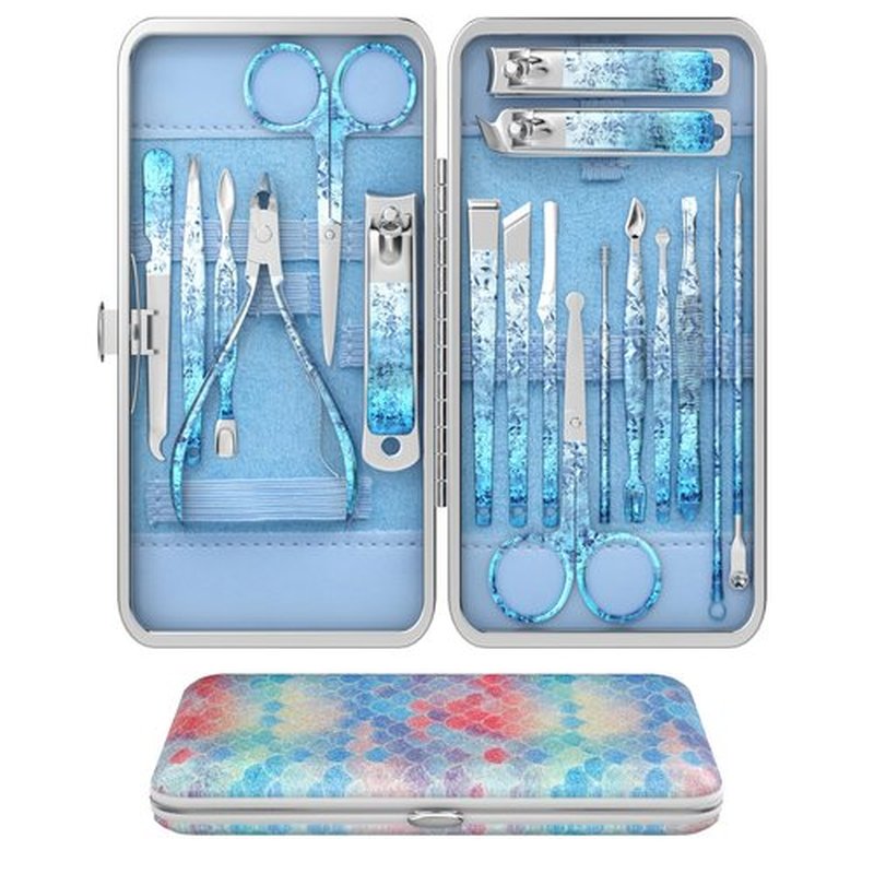 OFIDUS Nail Clippers Set Fingernail and Toenail Clipper Cutters, Professional Manicure Pedicure Kit 18Pcs, Nail Care Grooming Tools with Luxurious Travel Case (Diamond Blue)