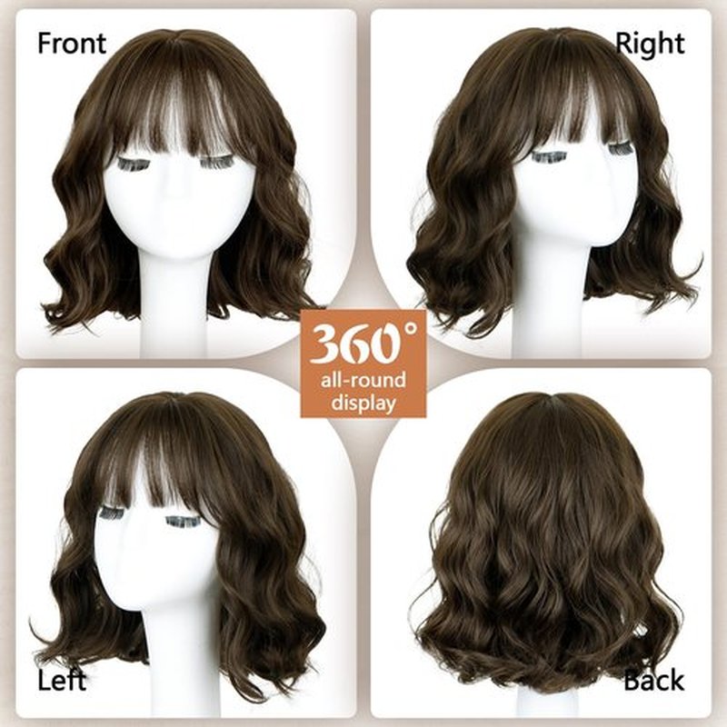 SUKRI Dark Brown Bob Wigs with Bangs for Women Short Wavy Shoulder Length Bob Wig Natural Color Heat Resistant Hair for Daily 12 Inch