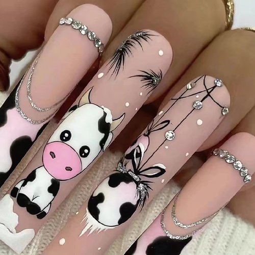 MERVF Long Square Press on Nails Cow Print French Tip Fake Nails Glitter Glue ons with Rhinestones Design Squoval Cute Snow Winter Acrylic False Nail Matte 24pcs