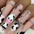 MERVF Long Square Press on Nails Cow Print French Tip Fake Nails Glitter Glue ons with Rhinestones Design Squoval Cute Snow Winter Acrylic False Nail Matte 24pcs