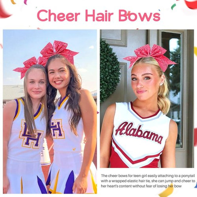 Oaoleer 12pcs Glitter Cheer Bows for Cheerleading, 7” Large Shiny Cheer Hair Bows Ponytail Holder for Cheerleader Girls Softball Sports (Pink)