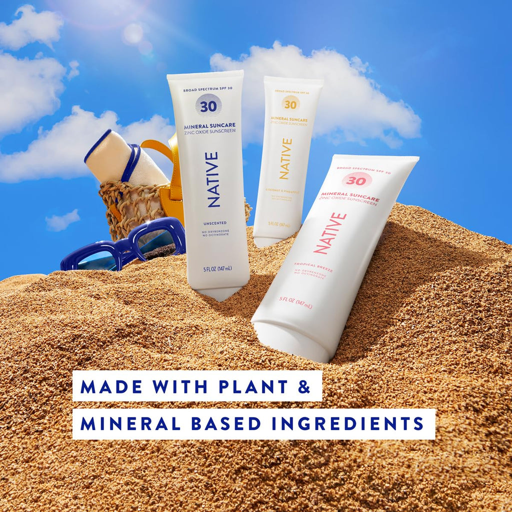 Native Sunscreen SPF 30, Zinc Oxide Dermatologist Tested Suitable for Sensitive Skin & Hawaii Compliant, 5 Ounces | Unscented Sun Protection Lotion, Lightweight & Smooth
