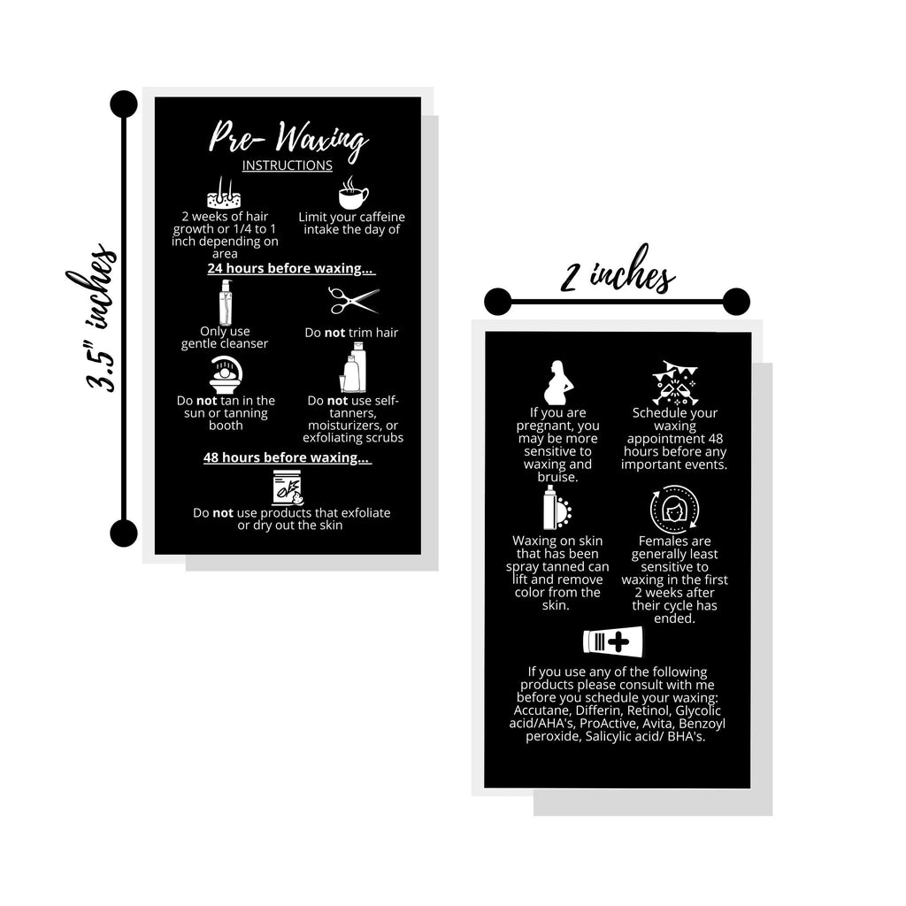 Waxing Aftercare Cards | 50 Pack | Size 2 x 3.5” inches Business Card Size | Waxing Aftercare Kit Cards PMU | Aftercare Instructions Black with Icons Design (Pre-Waxing)