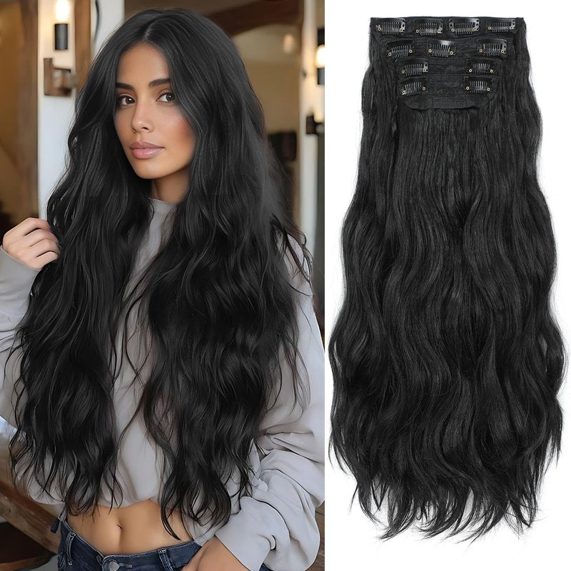 XSASLYET 24 Inch Clip in Hair Extensions 4 Pcs - Curly hair Extensions Clip Ins, Soft Natural Look Synthetic Fiber, Lightweight, Long Use with Secure Invisible Clips, Daily Wear(1B)