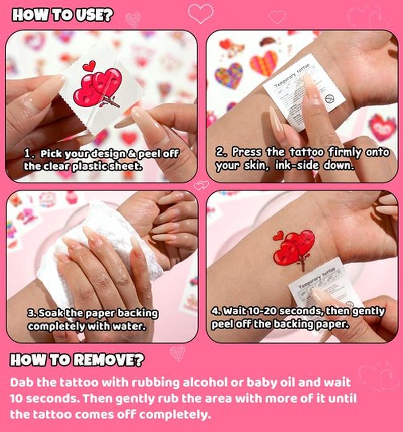 JCFIRE 96Pcs Valentines Day Stickers for Kids Temporary Tattoos, Heart Stickers for Valentines Day Gifts for Kids Classroom Exchange, Waterproof Decals for Party Favors, Goodie Bags, Crafts