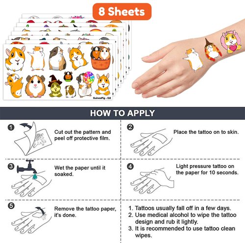 (96 PCS) Funny Guinea Pig Hamster Temporary Tattoos Birthday Themed Party Supplies Decorations Favors Cute Cartoon Animal Pet Stickers Tattoo Gifts for Kids Girls Boys Decor Class Reward Christmas