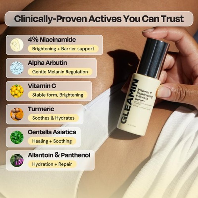 Gleamin Illuminating Intimate Serum - Vitamin C Serum with 4% Niacinamide, Turmeric & Alpha Arbutin for Uneven Tone and Hyperpigmentation on Underarms, Inner Thighs & Intimate Areas - 1 fl oz